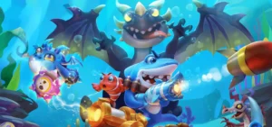 玩家瞄准海底鱼群发射炮弹的捕鱼游戏动态场景。