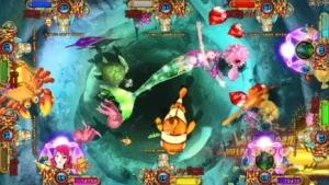 玩家操控炮台射击多彩鱼群的海底场景