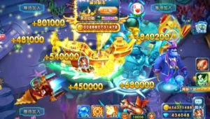 玩家手持炮台精准射击鱼群的捕鱼游戏技巧动态场景。