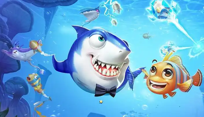 手机屏幕上捕鱼游戏下载界面，金币飞溅的海底世界。