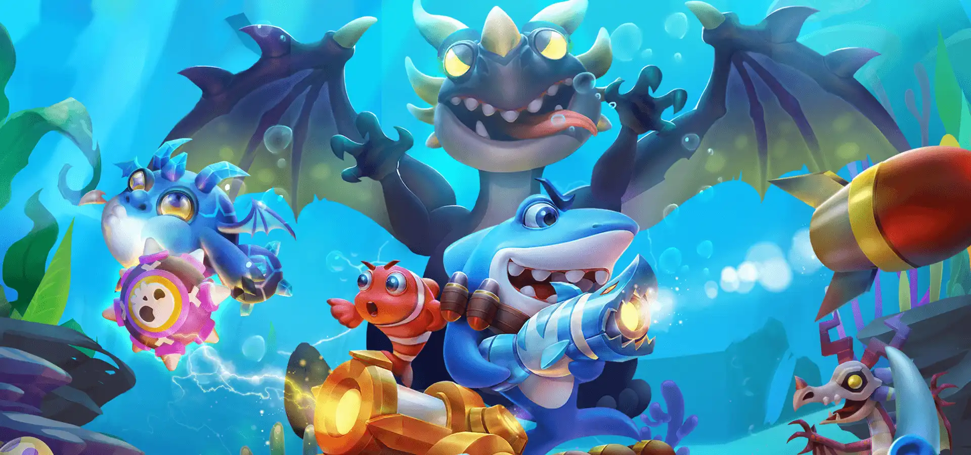 玩家瞄准海底鱼群发射炮弹的捕鱼游戏动态场景。